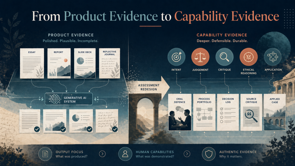Infographic showing the shift from product evidence to capability evidence in assessment.