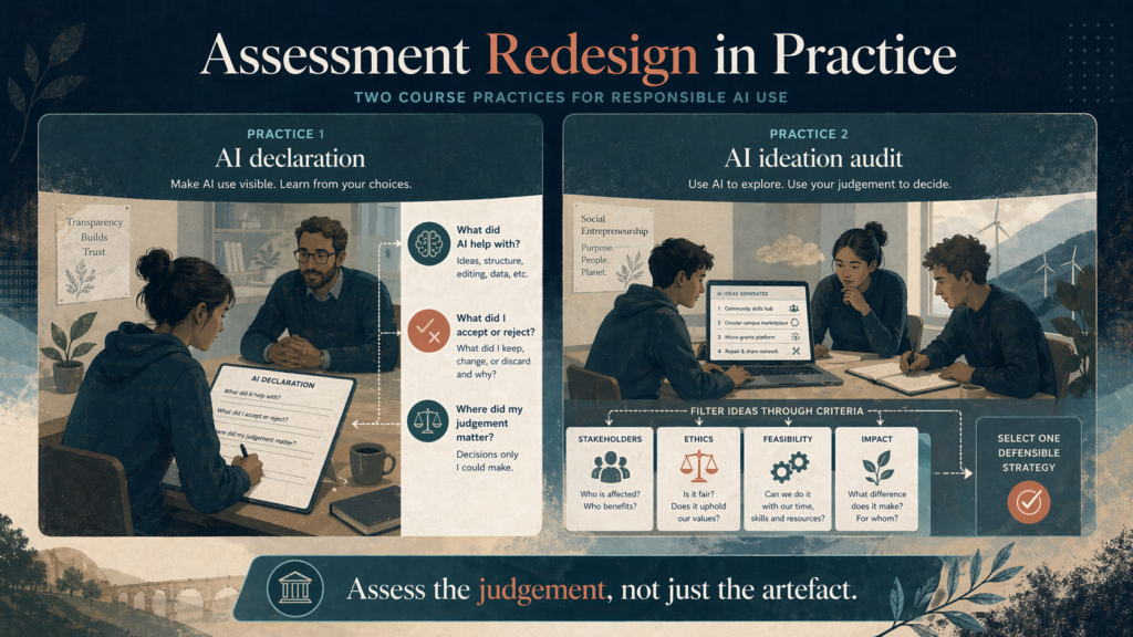 Infographic showing assessment redesign in practice through AI declaration and AI ideation audit examples.