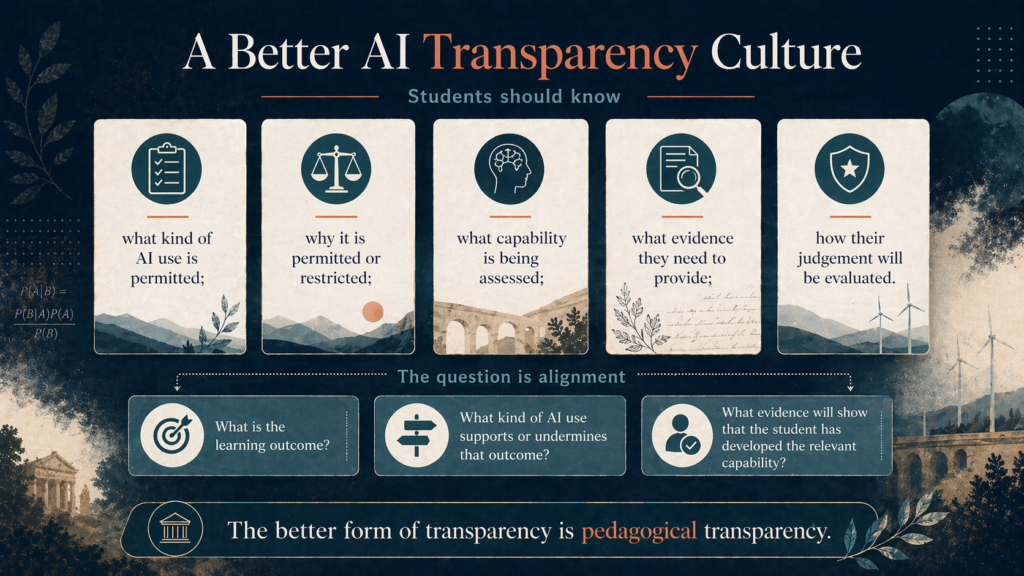 Infographic showing a better AI transparency culture based on alignment between learning outcomes, permitted AI use and evidence of capability.