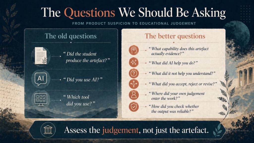 Infographic contrasting old AI assessment questions with better questions focused on educational judgement.